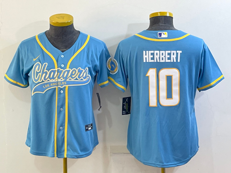 Youth Blue Los Angeles Chargers #10 Justin Herbert With Patch Cool Base Stitched Baseball Jersey